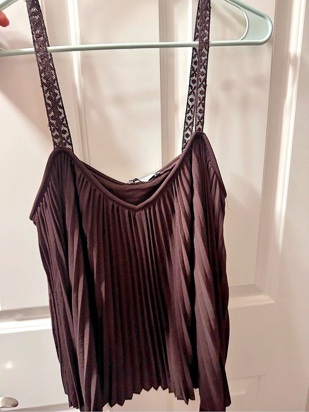Zara Pleated Lace Strap Camisole in Brown Size Medium Like New